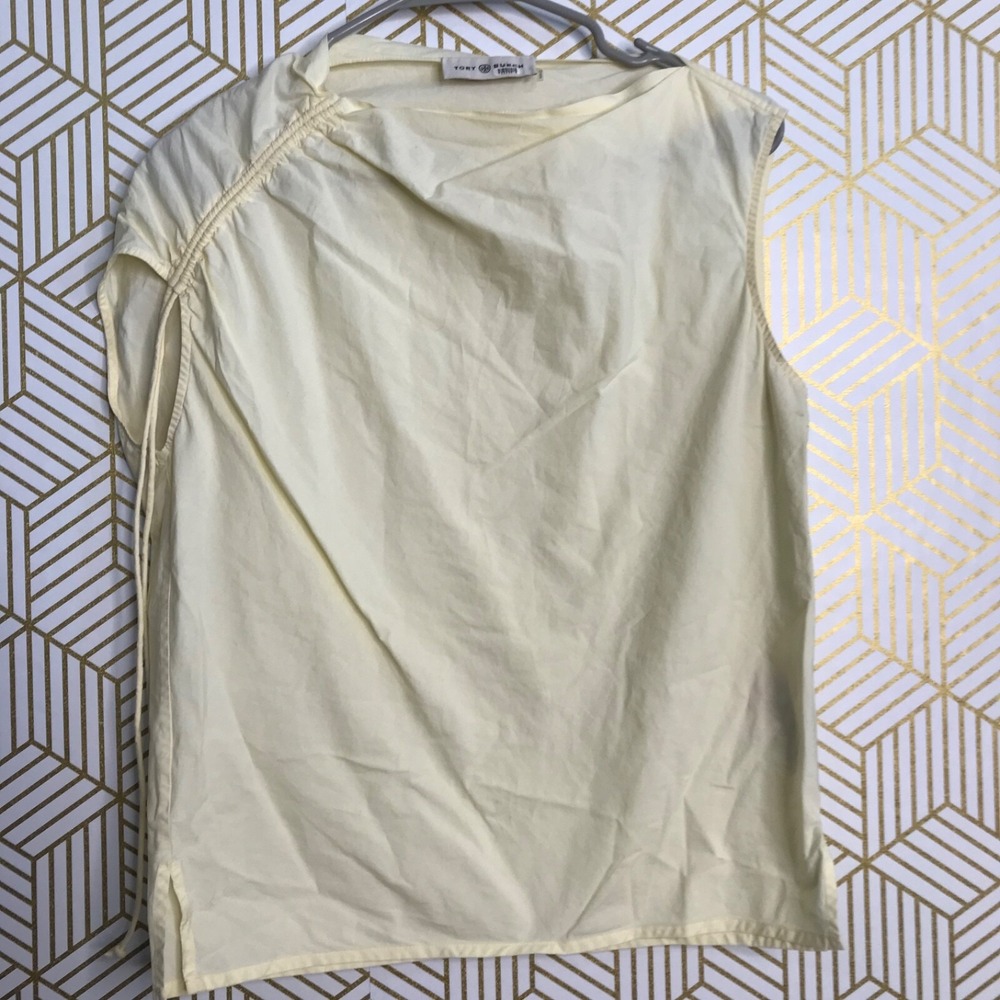 Tory Burch Womens Sleeveless Cotton Tee Size 0 Light Yellow Ruched Shoulder